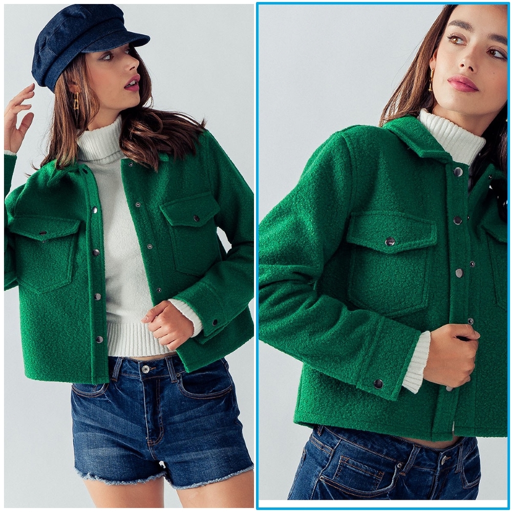 LAST ONE!! Green Curly Sherpa Cropped Shacket - Picture 4 of 7